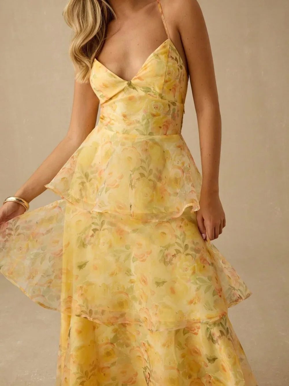 Yellow  Women's Romantic Floral Print Spaghetti Strap Ruffled Hem Maxi Dress - Picture 3 of 7